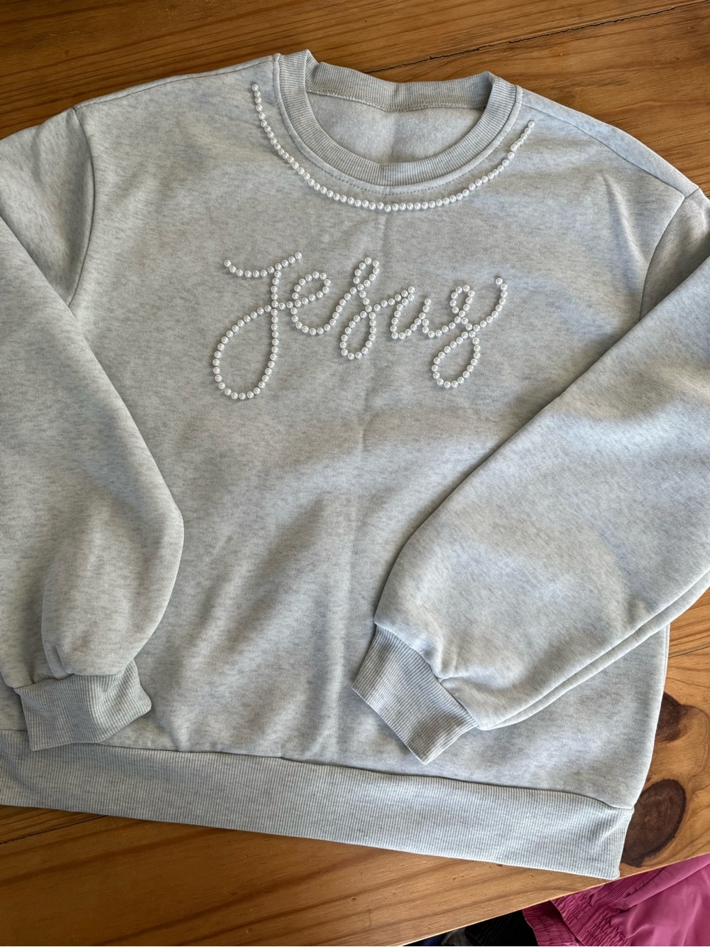 Pearl Embellished 'Jesus' Script Sweatshirt - Light Heather Gray